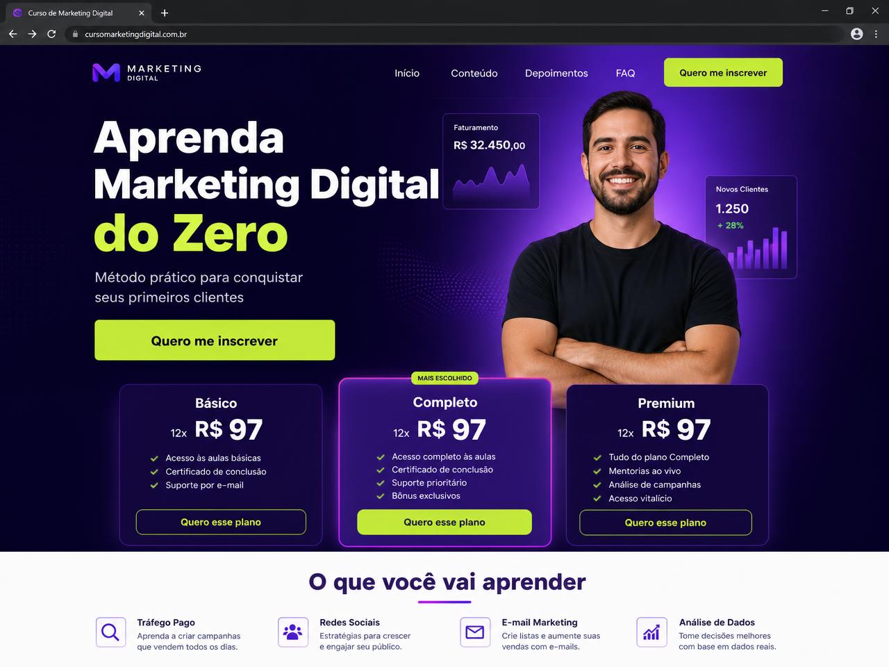 Layout de site para Curso de Marketing Digital